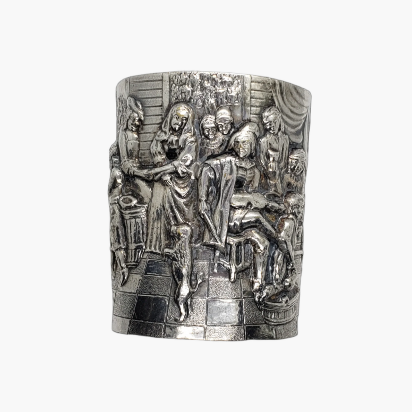 Vintage Repousse Story Scene Wide Cuff Bracelet