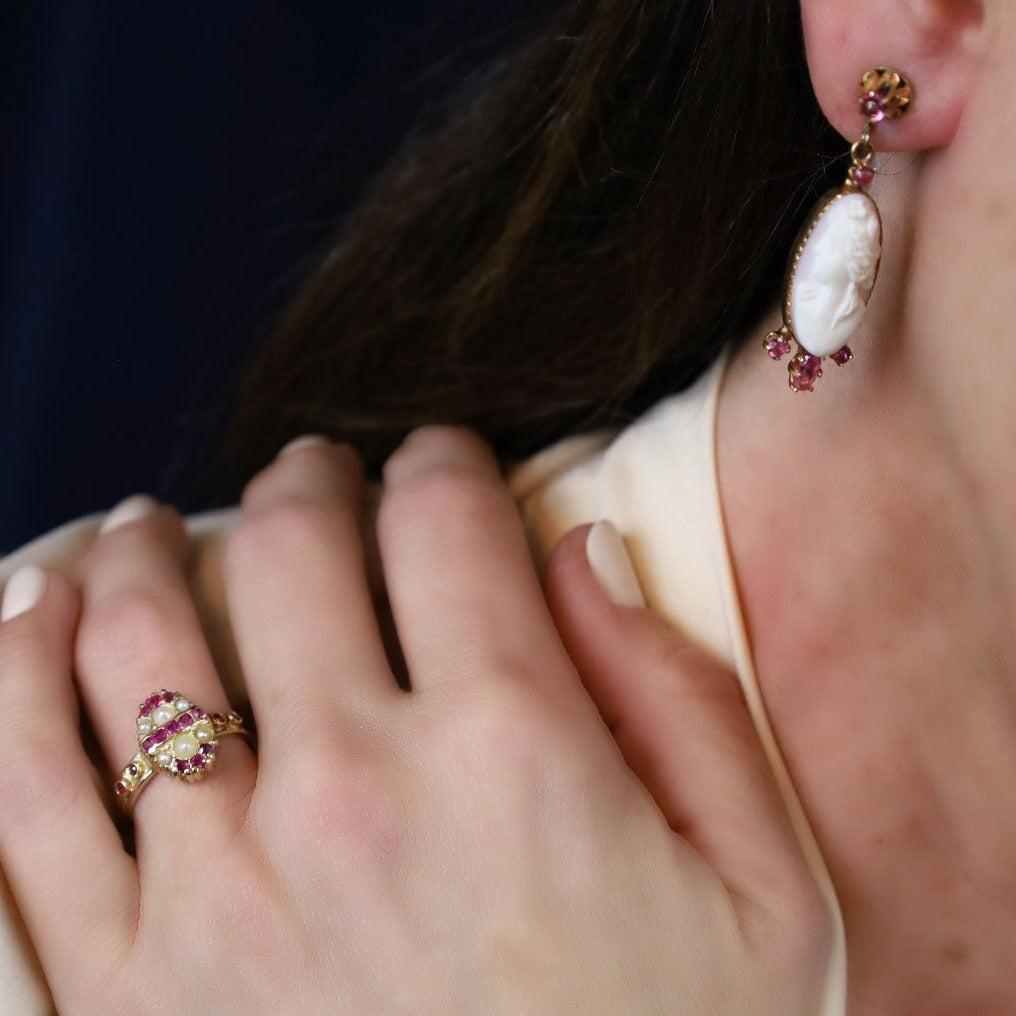 Vintage Pink Sapphire and Cameo Drop Earrings