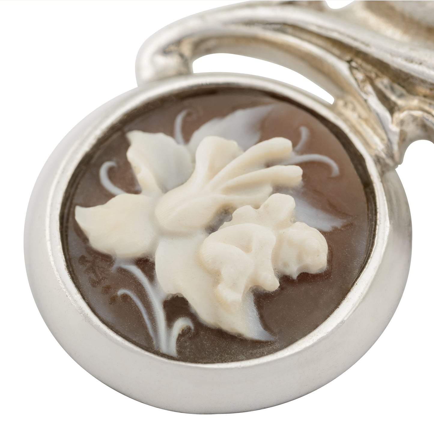 Silver State Lady with Cherub on a Flower Petal Cameo Brooch