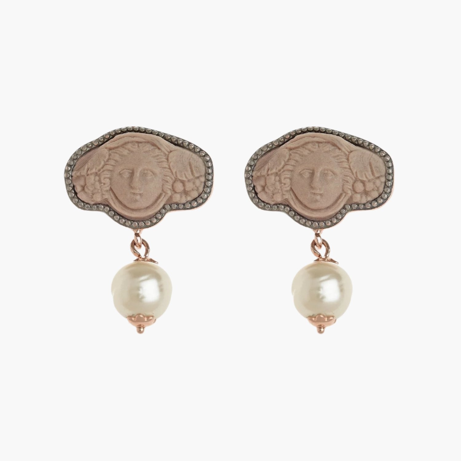Greek Medusa Cameo Wide Stud Earrings with Freshwater Pearl Dangle