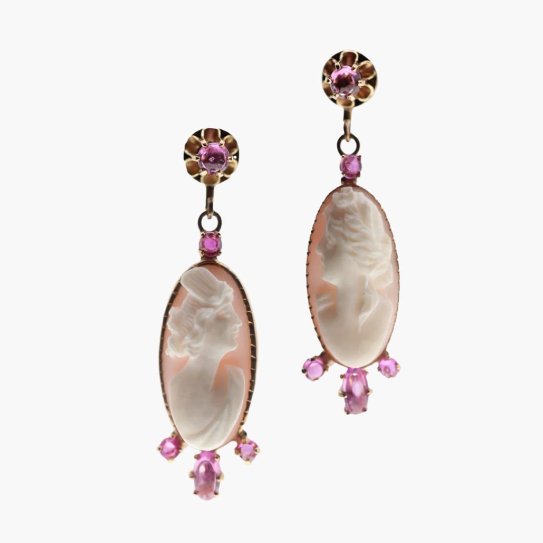 Vintage Pink Sapphire and Cameo Drop Earrings