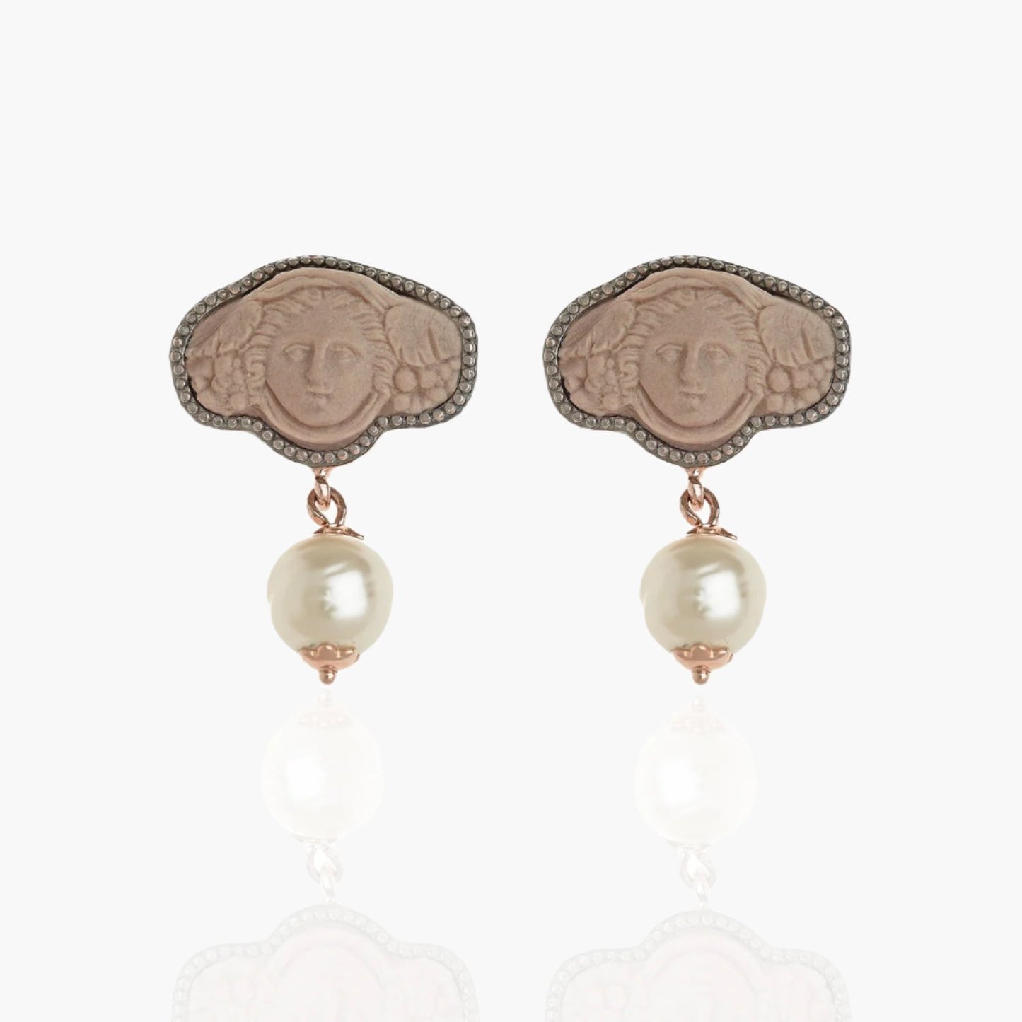 Greek Medusa Cameo Wide Stud Earrings with Freshwater Pearl Dangle