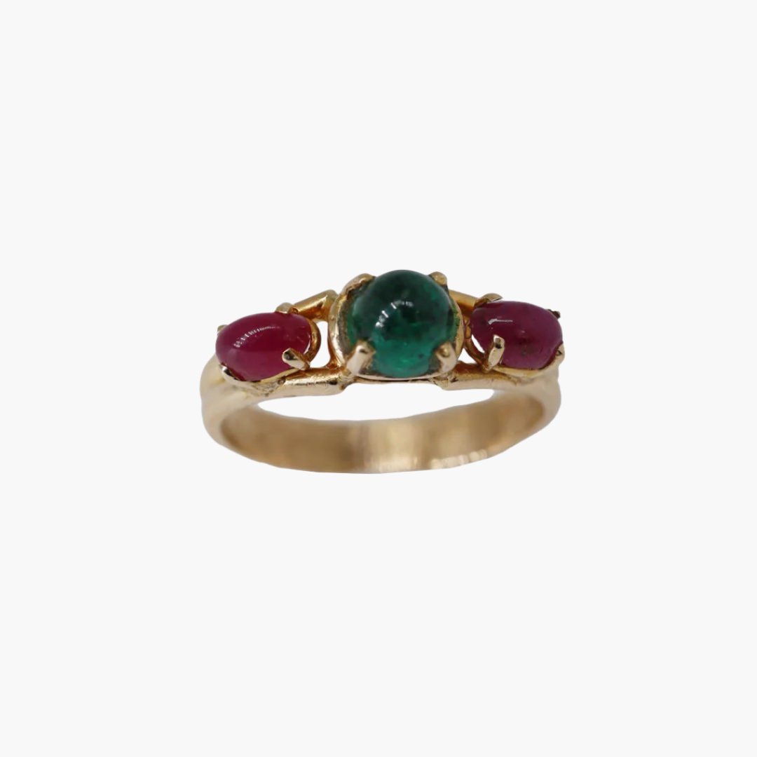Vintage Emerald Sugarloaf and Ruby Cabochon Ring in 14 karat