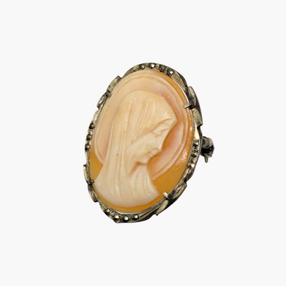 Vintage Mother Mary Cameo Brooch in Silver with Marcasite