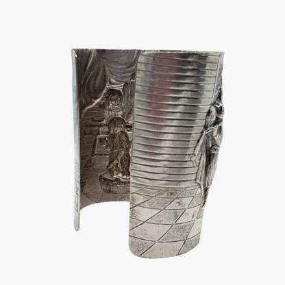 Vintage Repousse Story Scene Wide Cuff Bracelet