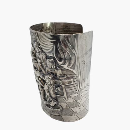 Vintage Repousse Story Scene Wide Cuff Bracelet