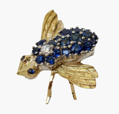 Blue Sapphire & Diamond Bee Brooch or Pendant