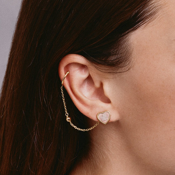 Cherub Earrings, how to wear them.  Cameo Calamity model  has chosen the light pink version of the Cherub Single Earring.