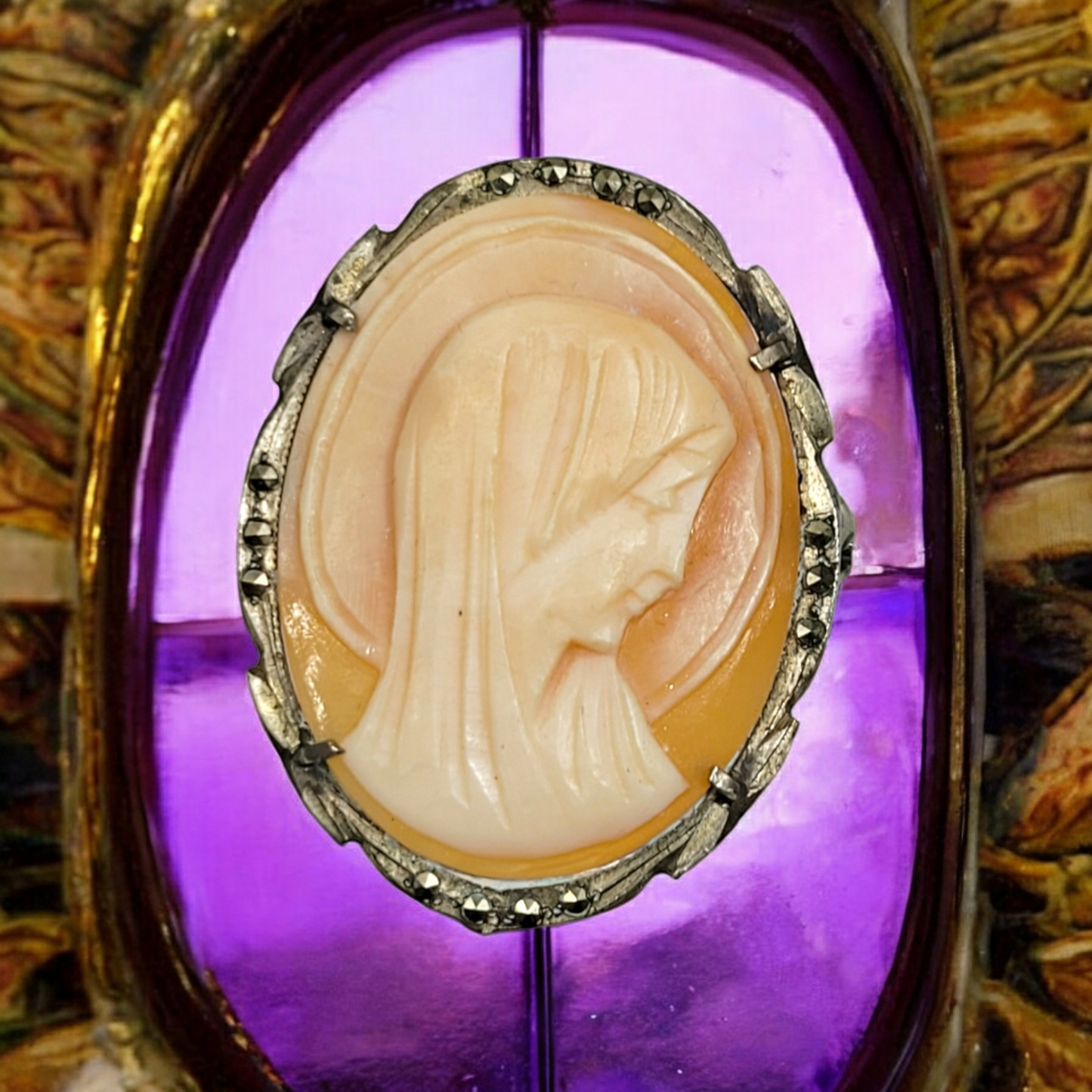 Vintage Mother Mary Cameo Brooch in Silver with Marcasite