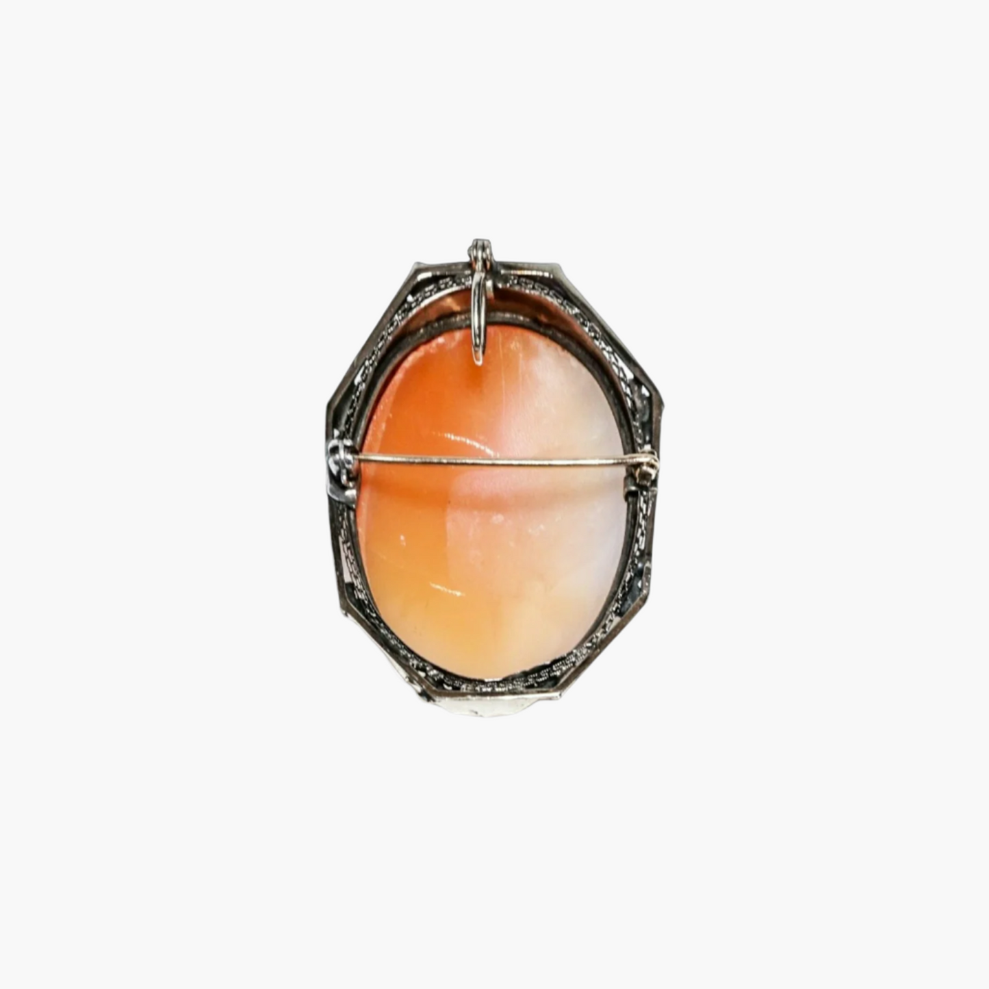 Classical Victorian Shell Cameo in 9K White Gold Filigree Pendant or Brooch