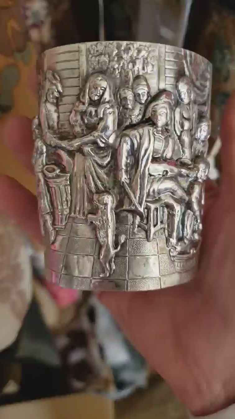 Vintage Repousse Story Scene Wide Cuff Bracelet
