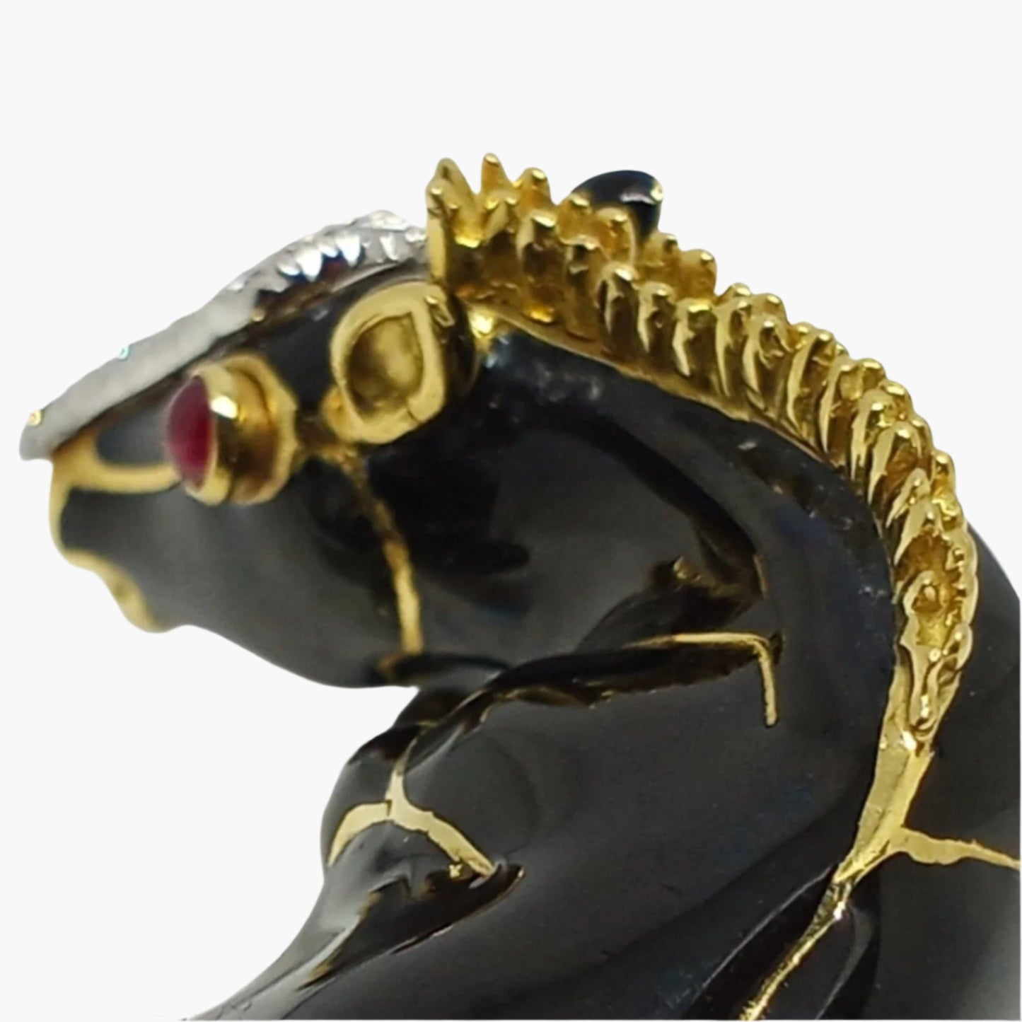 David Webb Brooch Kingdom Collection Horse Brooch, Black enamel with 18 karat yellow and diamonds, ruby cabochon eyes, mane in profile