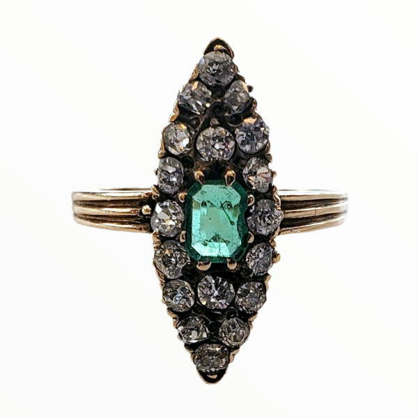 Antique Navette Emerald and Diamond Ring
