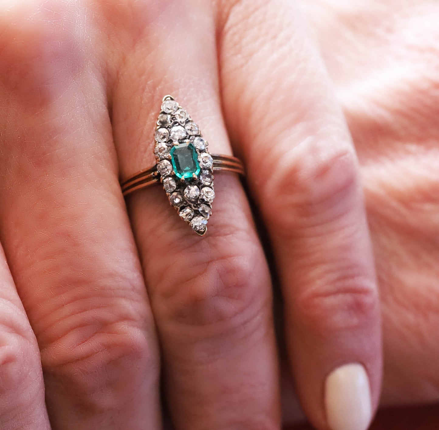 Antique Navette Emerald & Diamond Ring5