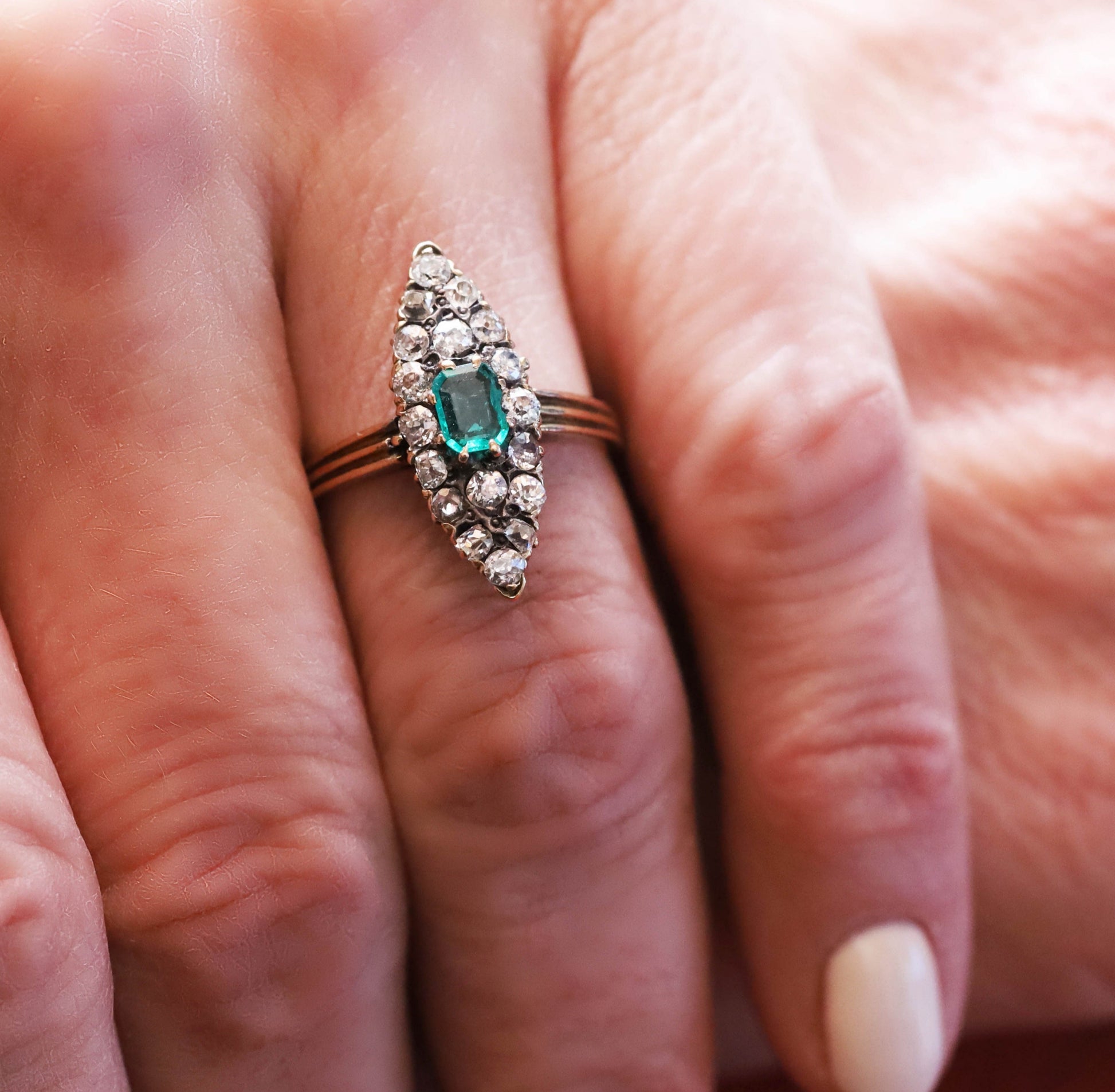 Antique Navette Emerald & Diamond Ring5
