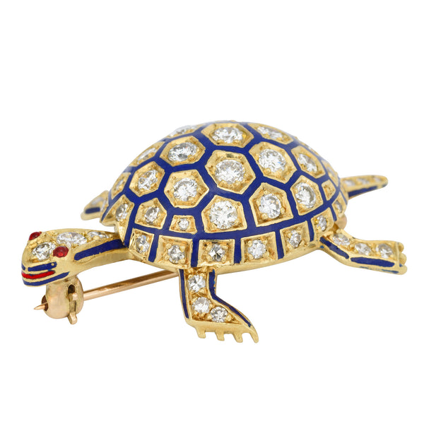 Vintage Yellow Gold Turtle Brooch with Blue Enamelling and Diamonds