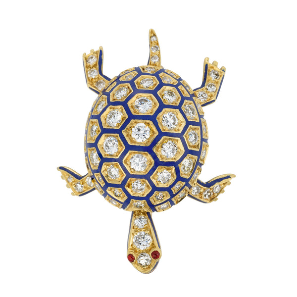 Vintage Yellow Gold Turtle Brooch with Blue Enamelling and Diamonds