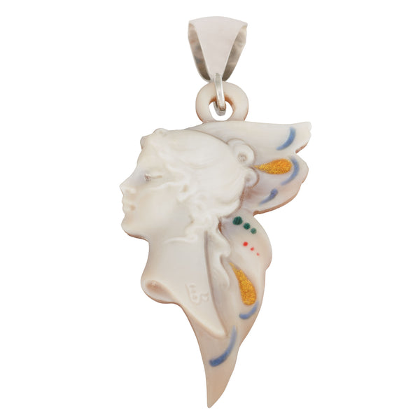 Enamel Carved Cameo Natural Shell Victorian Style Pendant in Sterling Silver