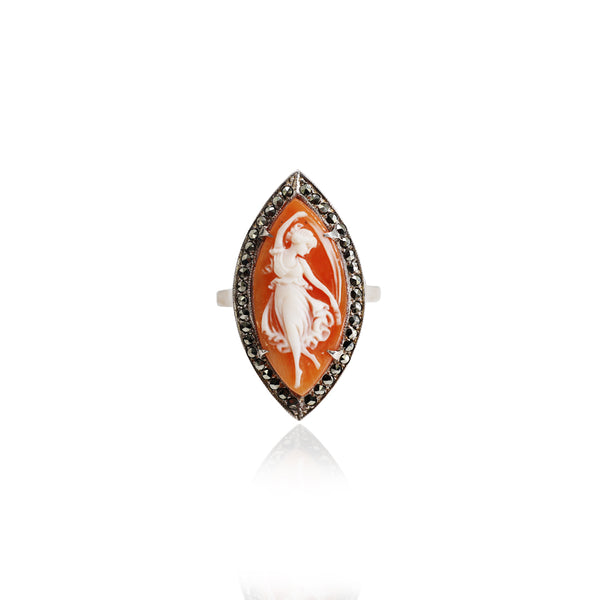 Vintage Marquise Shell Muse Cameo Ring with Marcasite in Silver