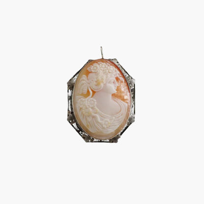 Classical Victorian Shell Cameo in 9K White Gold Filigree Pendant or Brooch