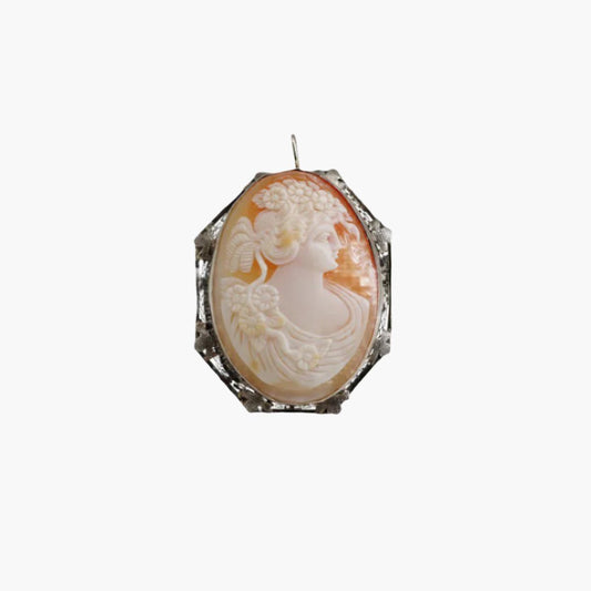 Classical Victorian Shell Cameo in 9K White Gold Filigree Pendant or Brooch
