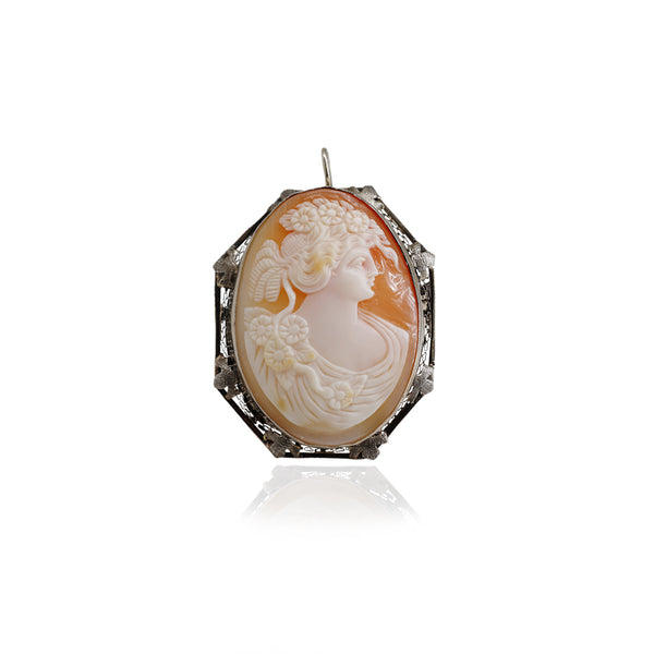Classical Victorian Shell Cameo in 9K White Gold Filigree Pendant or Brooch