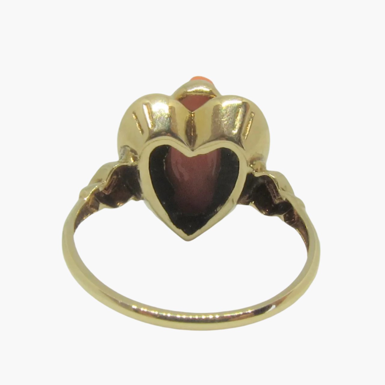 The back of the Antique Coral Cameo Ring in hear motif in 14 karat yellow gold.  From ESEMCO
