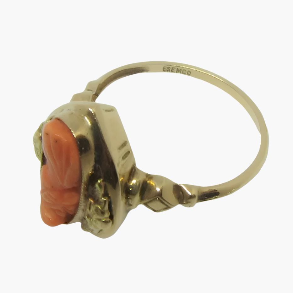 Hallmark containing ESEMCO on the inside band of the antique coral cameo ring from Cameo Calamity.