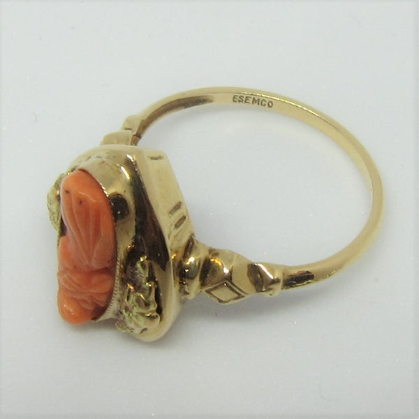 Hallmark containing ESEMCO on the inside band of the antique coral cameo ring from Cameo Calamity.