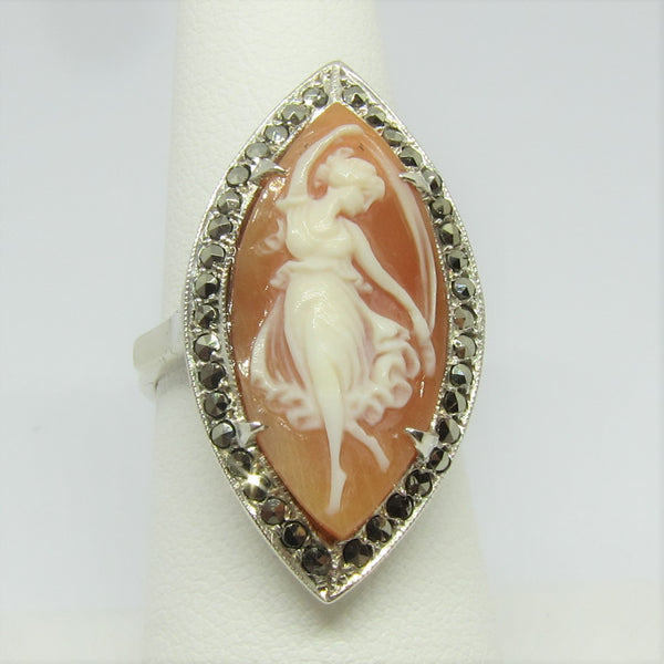 Marquise Shell Cameo Ring with Marcasite in Silver