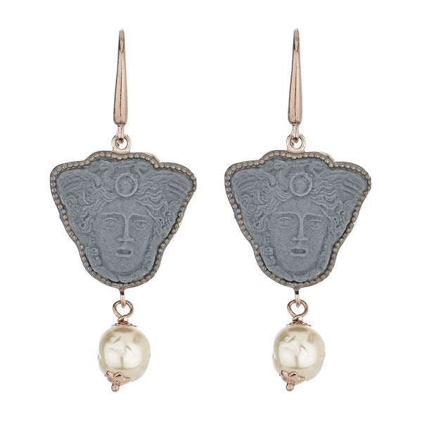 Greek Medusa Cameo Drop Earrings with Freshwater Pearl Accent