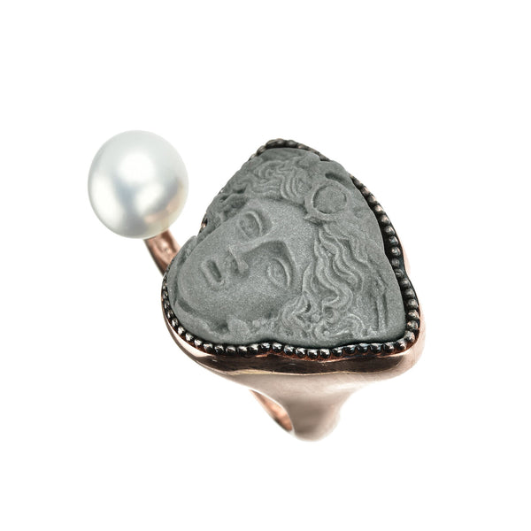 Greek Medusa Cameo Ring with Freshwater Pearl