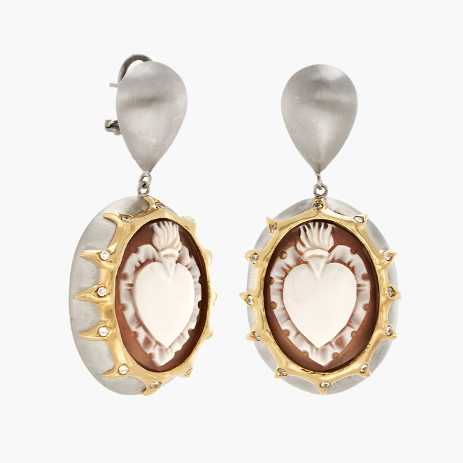 Italian Cameo Flaming Heart Earrings