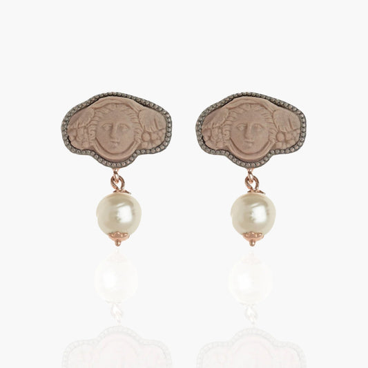 Greek Medusa Cameo Wide Stud Earrings with Freshwater Pearl Dangle