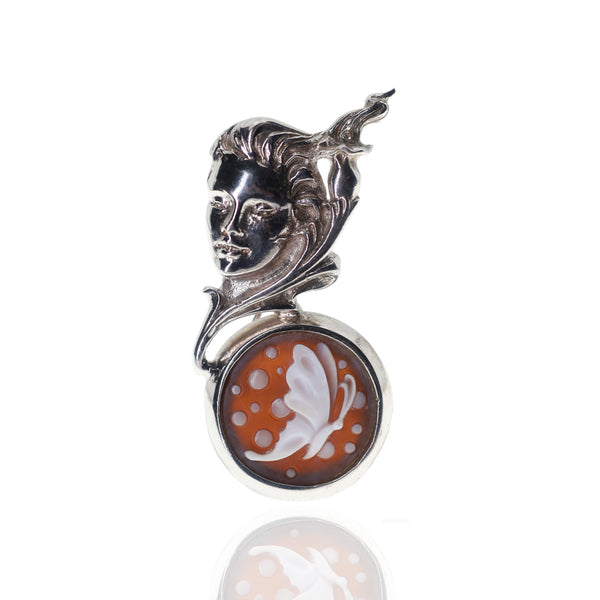 Silver State Lady with Flowing Hair Butterfly Cameo Brooch
