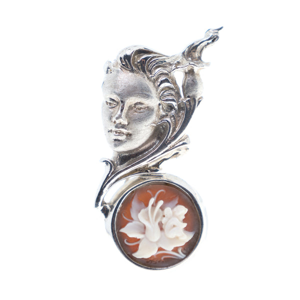 Silver State Lady with Cherub on a Flower Cameo Brooch