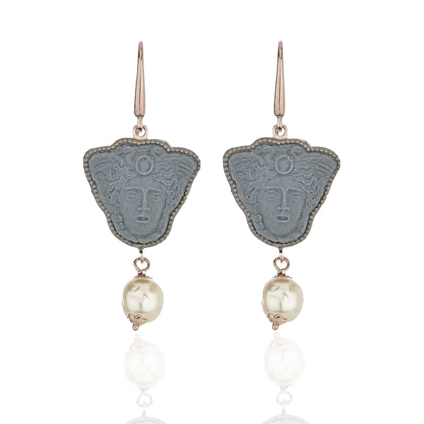 Greek Medusa Cameo Drop Earrings with Freshwater Pearl Accent